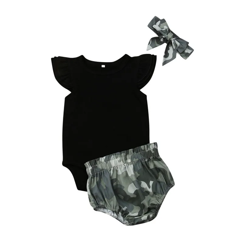 

Summer Cute Newborn Baby Girl Outfits Clothes Solid Color Fly-Sleeve Tops Bodysuits+Camo Shorts Ruffles Pants 3PCS Set 6-18M