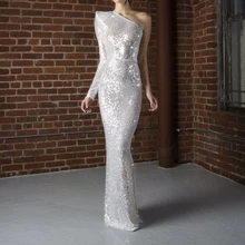 One Shoulder Silver Sequined Maxi Dress Back Split One Sleeve Night Party Dress Striped Sequins Backless Long Dress one shoulder buttoned split sleeve bodysuit
