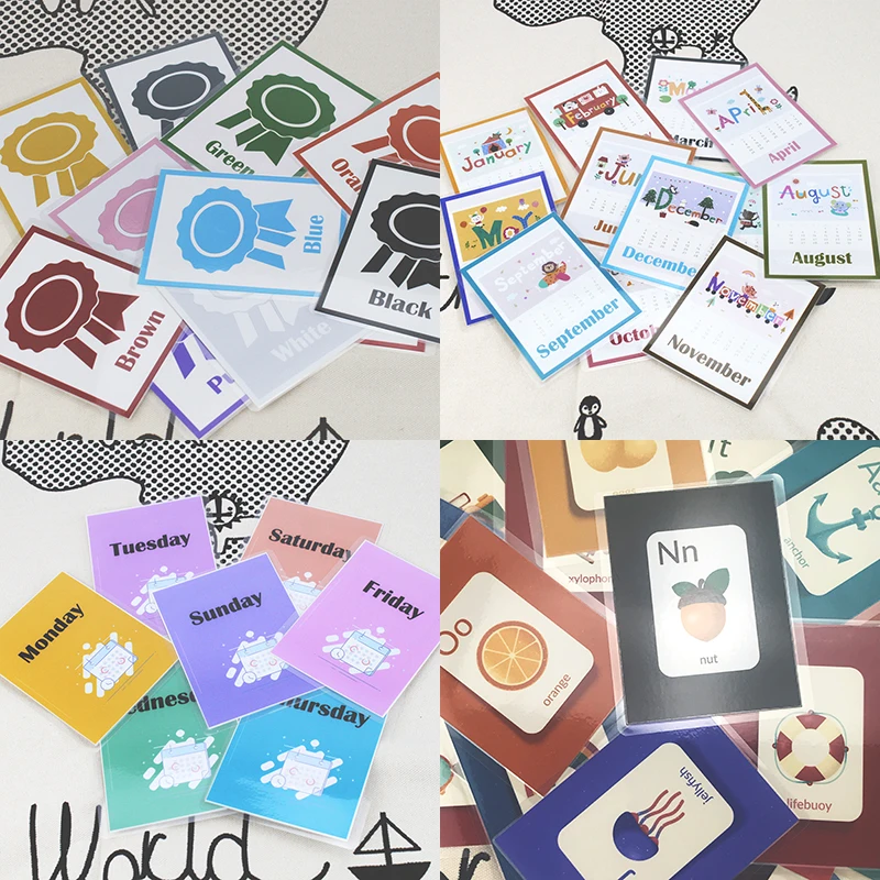 

10.5*13.5CM 57Pcs English Colour/Week Flash Cards Handwritten Montessori Early Development Learning Educational Toy For Children