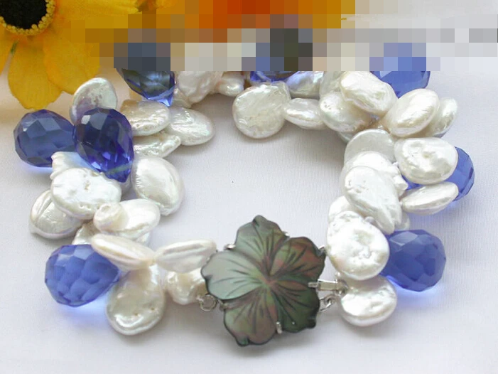 

FREE SHIPPING>>>@@ > 09727 2row white coin pearl blue drip faceted crystal bracelet