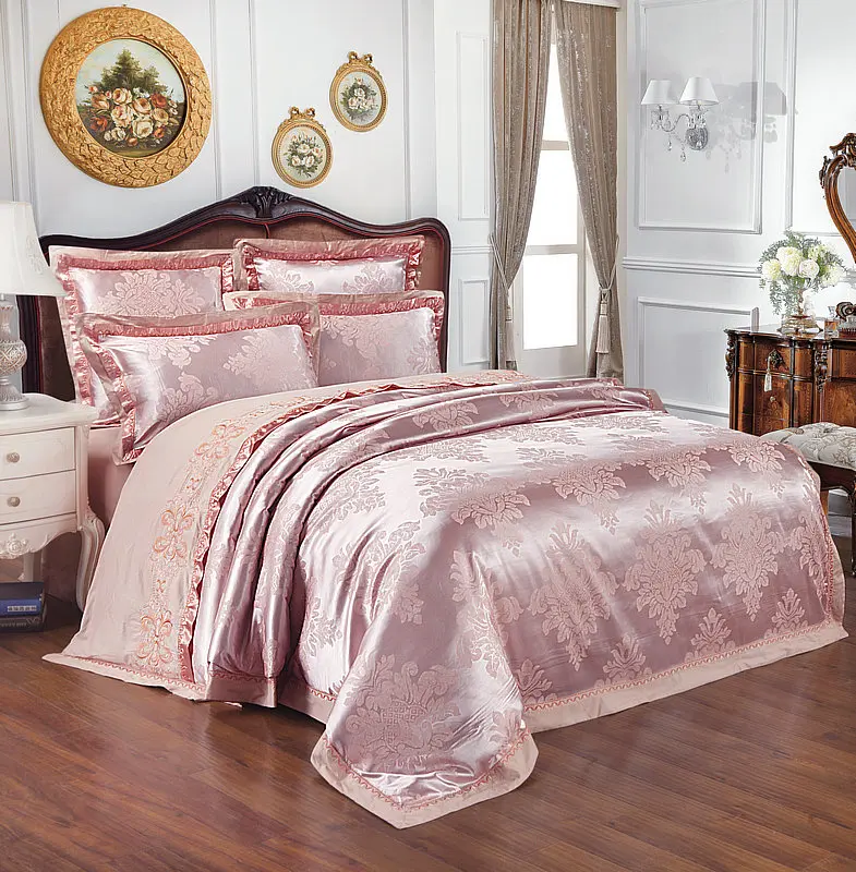 Waliicorners Gold Silver Beige Luxury Silk Jacquard Bedding set Queen King size Duvet cover set Embroidery Bed sheet Linen set Pillowcases 21 IMG_7221
