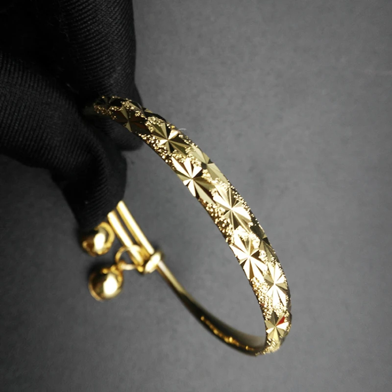 

Cute Yellow Gold Color Snowflake Embossing Adjustable Bangles & Bracelets with Bells Charms for Baby Toddler Kids Girls Jewelry