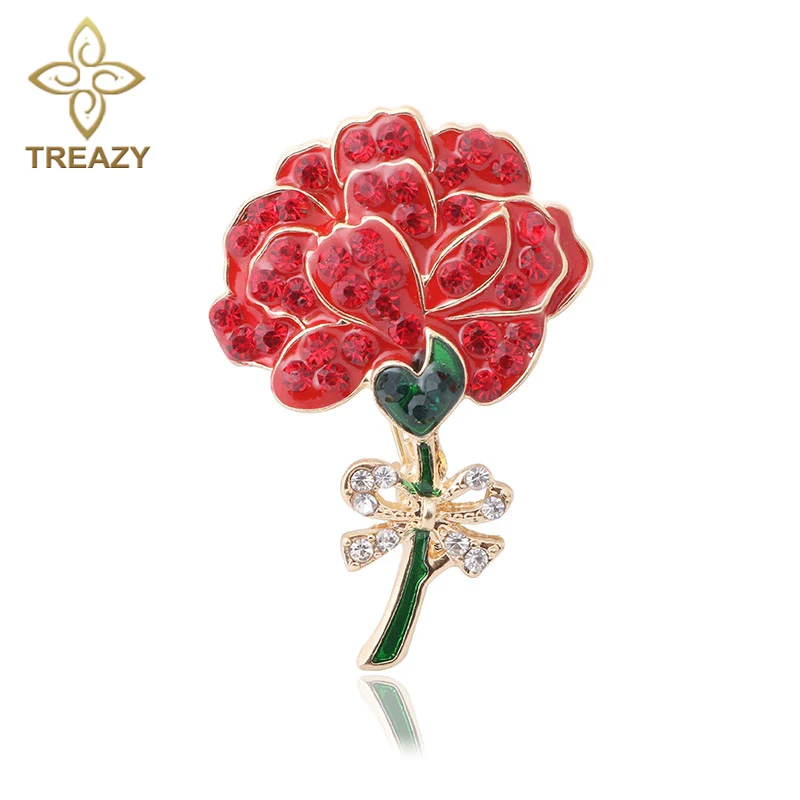 TREAZY Fashionable Enamel Crystal Red Carnation Flower Bowknot Brooch