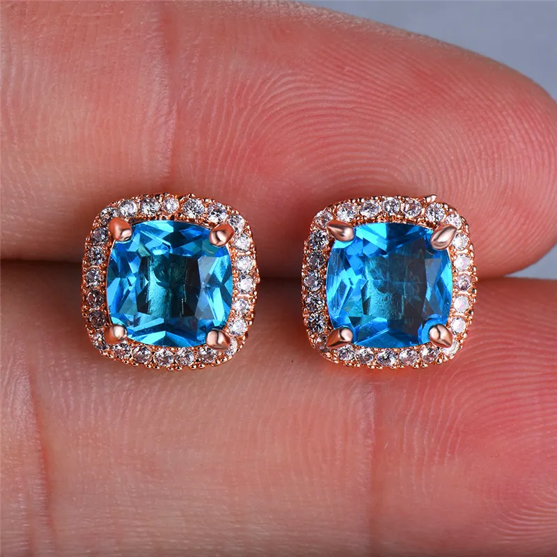 

Cute Boho Female Light Blue Stone Earrings Fashion Rose Gold Wedding Earrings Vintage Double Stud Earrings For Women