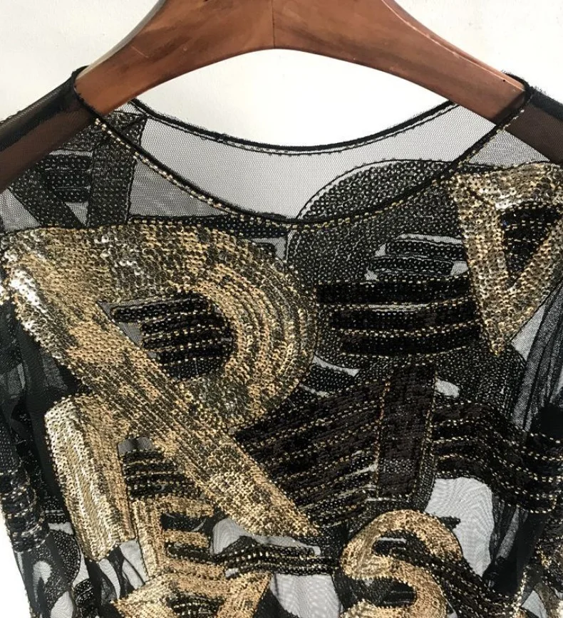 Letter Striped Beading Sequined Blouse Women 13