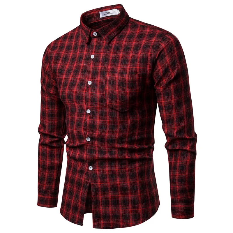 Drop Shipping Men Plaid Shirt Long Sleeve Flannel Shirts 2019 Fashion Casual Checkered Man Clothes Cotton Chemise Homme Red