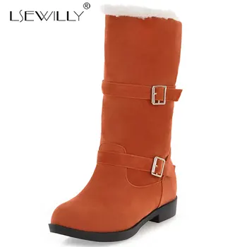 

Lsewilly Women Boots Winter Med Heel Warm Flock Round Toe Slip on Mid Calf Plush Snow Boots 2019 New Casual Black Brown K50