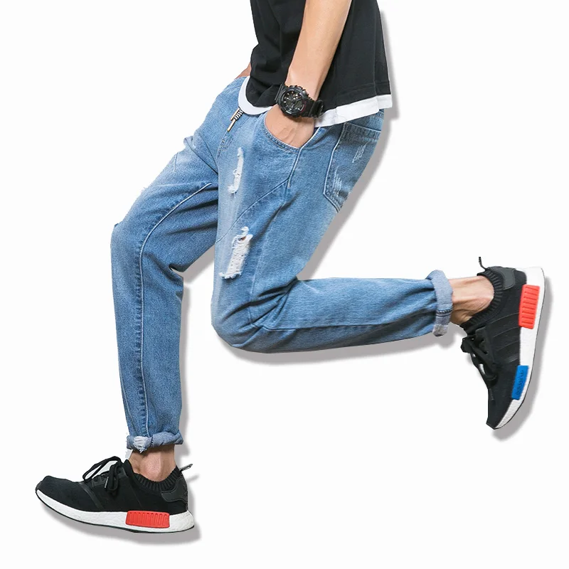 2016 autumn New Men s Jeans Pants Korean Style bule thin Hole Jeans Men Casual Ripped