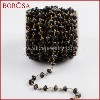 

BOROSA Wholesale 8x5mm Roundel Natural Larvikite Faceted Beads Wire Wrapped Rosary Chain Druzy Jewelry Making JT184