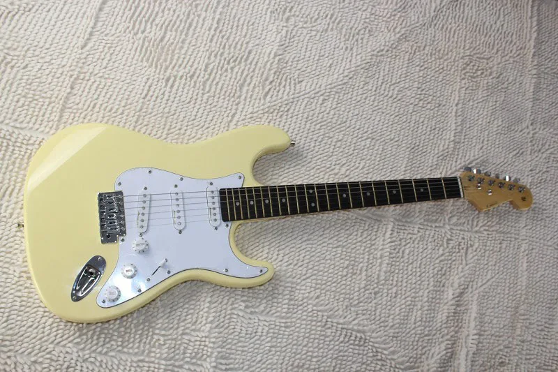 

Free Shipping Top Quality Custom Body 6 string rosewood fingerboard sss pickups F stratocaster Cream yellow Electric Guitar 0810