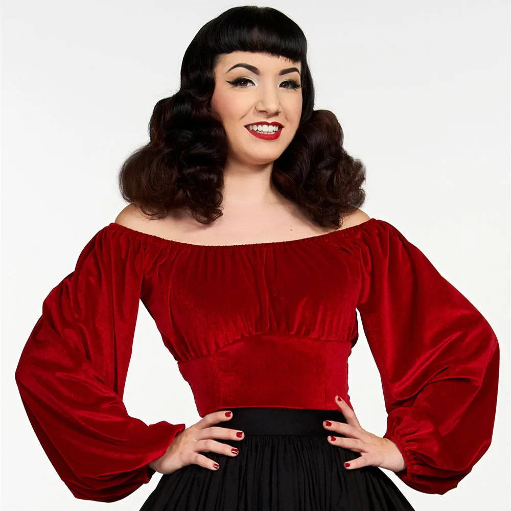 

20- women vintage pinup couture swann top in red stretch velvet plus size long lantern sleeve boat neck fit top elegant shirts