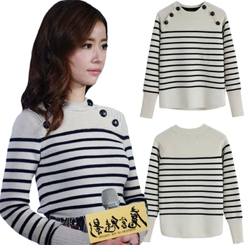 

Autumn Winter Sweater Women Button Stripe Long Sleeve Sueter Mujer Invierno 2019 Knitted Sweaters Women