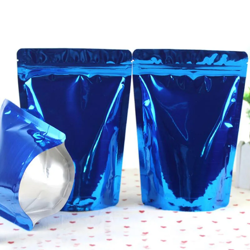 100 Pack, Stand Up Blue Aluminum Foil Zipper Bags, Colorful Resealable
