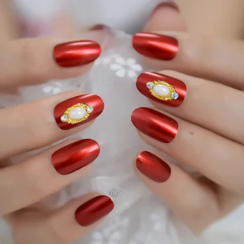 

Sexy Red Metallic False Nail Metal Oval Press on Full Cover Fake Nails Art Tips 3D Gems Pear Decora Options Office Daily Wear