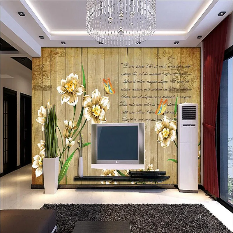 

Customize Wallpaper for Walls 3D Wall Mural European Style TV Background Wall Paper Peony Wooden Board Retro Mural Wallpaper 3D
