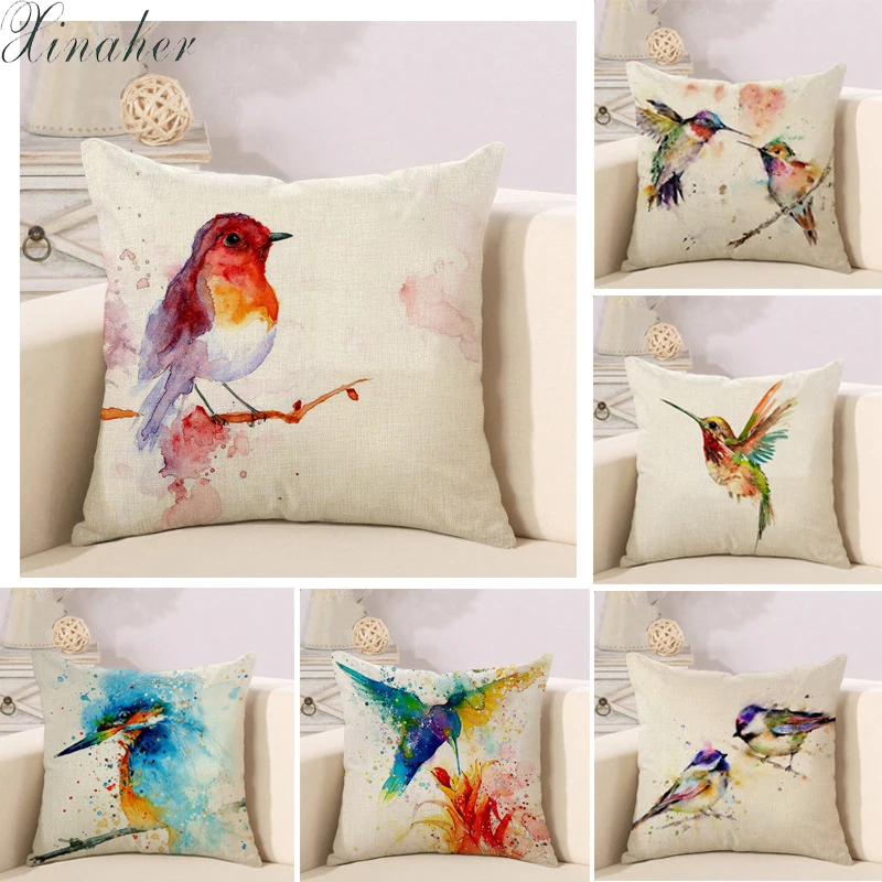 

Colorful bird pattern Cushion cover Simple oil painting Printed pillowcases Linen cotton Pillow covers Sofa 45x45cm cushion cove