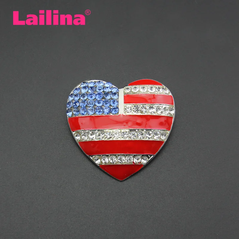 

50pcs or 100pcs /lot Crystal Heart Shape Enamel Colorful America Flag Brooch Pin
