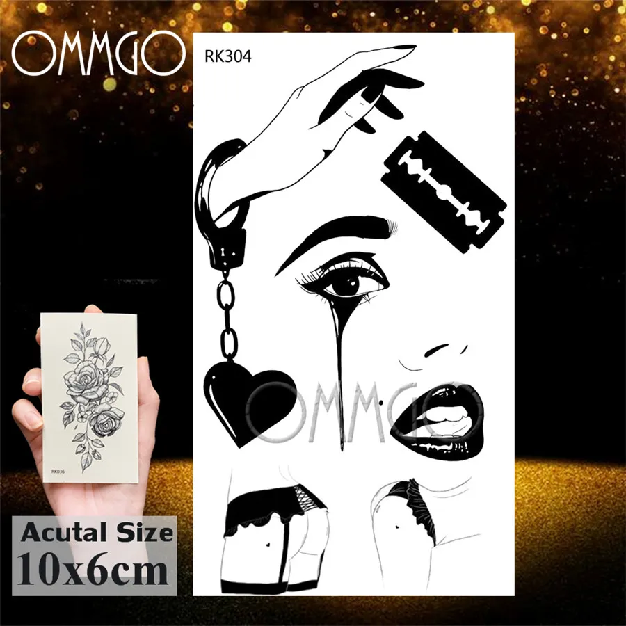 OMMGO Sexy Naked Girl Hot Temporary Tattoos Women Sticker Black Drawing Fake Tattoo Custom Tatoos Lips Body Art Arm Minimalist