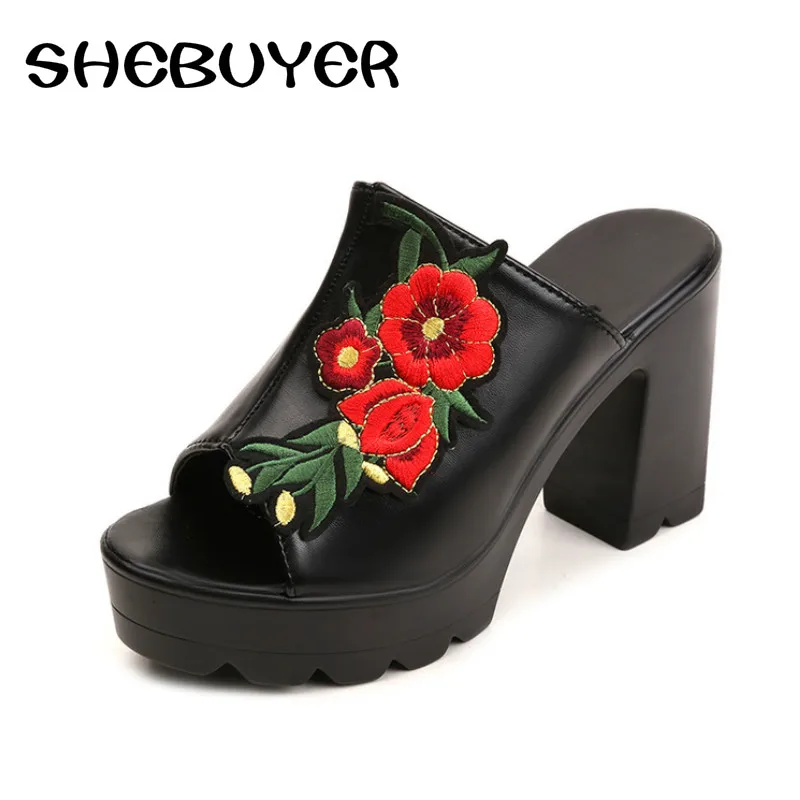 floral embroidered pointed toe chunky heeled sandals