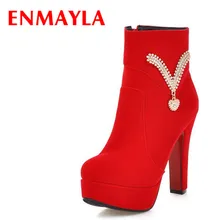 ENMAYLA Autumn Flock High Heels Platform Ankle Boots Women Rhinestone Shoes Woman Winter Boots Red Black Wedding Party Shoes fedonas high quality women cow suede ankle boots rhinestone wedding party shoes woman wedges high heels short martin shoes woman