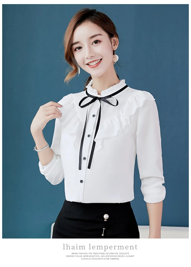 Демисезонные рубашки в Корейском стиле Для женщин Блузка модные тонкие блузки Повседневное Топ женские офисные рубашки, блузы, шифон, синий цвет, топы