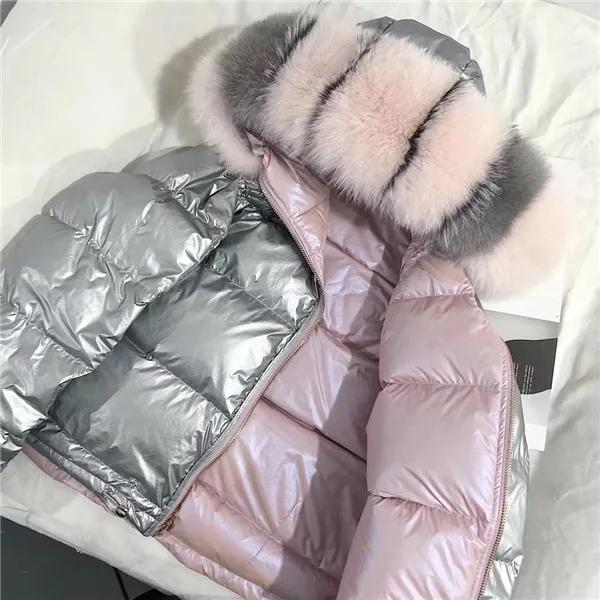 Женская зимняя куртка, пуховик, Воротник из натурального Лисьего меха, парка, верхняя одежда, Толстая теплая зимняя одежда,, модный пуховик на утином пуху - Цвет: Pink match fur