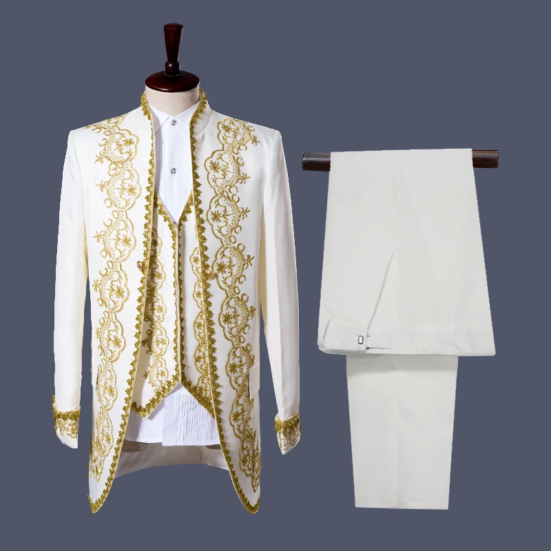 Золотой Вышивка 3 предмета смокинг костюм (куртка + брюки для девочек жилет) для мужчин свадебные вечерние костюмы певица опера этап Пром Homme