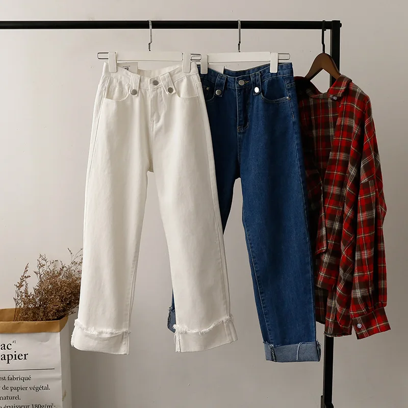2019 Summer Women Cuffed Denim Wide Leg Pants High Waist Pocket Vintage Harajuku Mom Jeans Loose Casual Streetwear Jeans