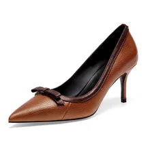2019 Fashion famous brand full leather spring and summer women's high-heeled shoes pointed bow shallow mouth single shoes women women s pointed shallow mouth set foot flow threo bow tie knot casual single layer shoes