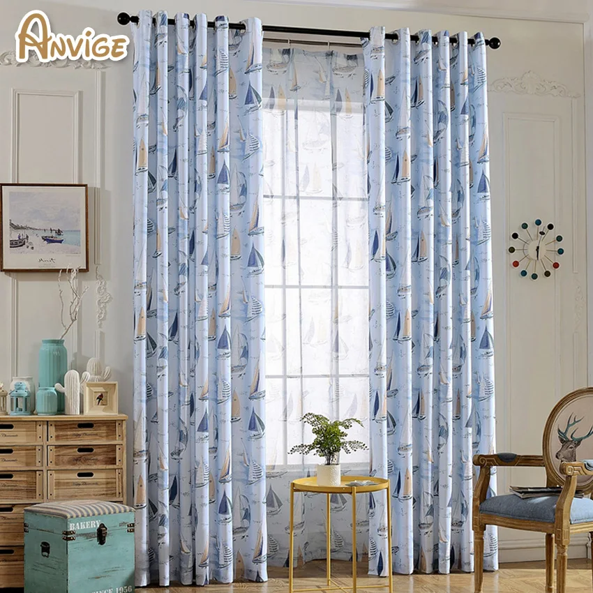 Cartoon Half Blackout Curtains Boat Printed Window Drape Sheer Curtain