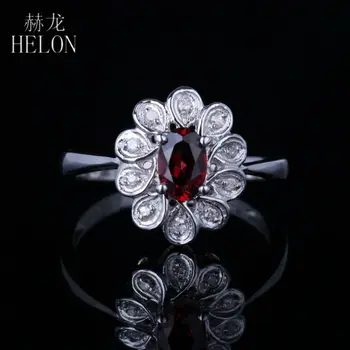 

HELON Jewelry Sterling Silver 925 Oval 6x4mm Genuine Natural Garnet & Diamonds Ring Fine Jewelry Women Wedding Engagement Ring