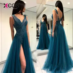 XCOS Новое поступление Длинные Выпускные платья 2019 кружевное Тюлевое вечернее платье женское сексуальное с высоким разрезом спинки