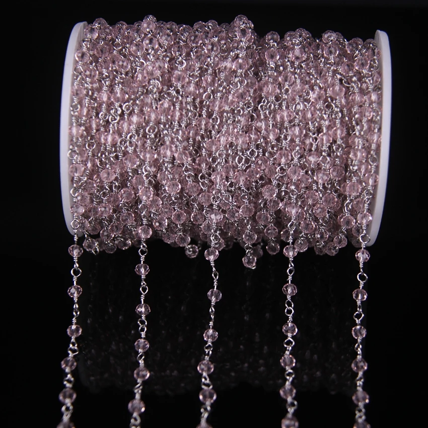 5 метров 3x4 мм розовый кварц Стекло ограненные кружки бусина четки цепи, Посеребренная проволока завернутый ожерелье в виде цепи, ювелирные