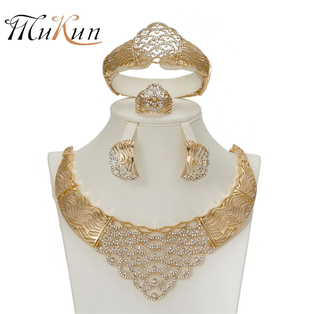 

African Imitated Crystal Jewelry Sets For Women Luxury Wedding Set Statement Choker Necklace Earrings Ring Party Accessories