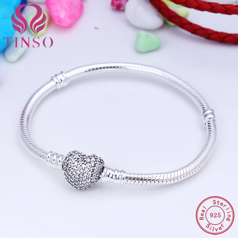 

100% 925 Sterling Silver Heart Pave CZ Snake Chain Basic Bracelet with Logo Fit for European Charms Beads DIY Jewelry for Women