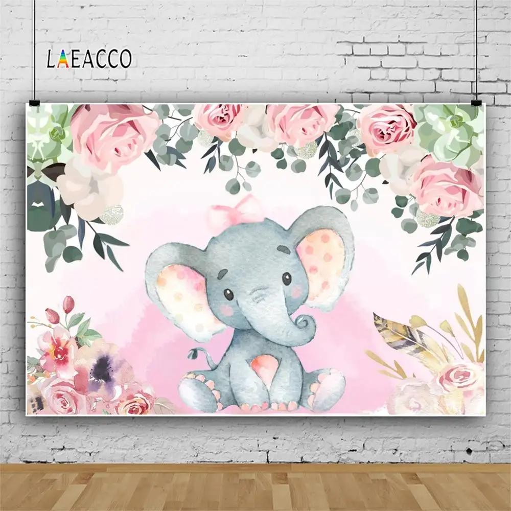 Laeacco Elephant Flowers Blooming Baby Shower Birthday Party Photography Backgrounds Photographic Backdrops For Photo Studio