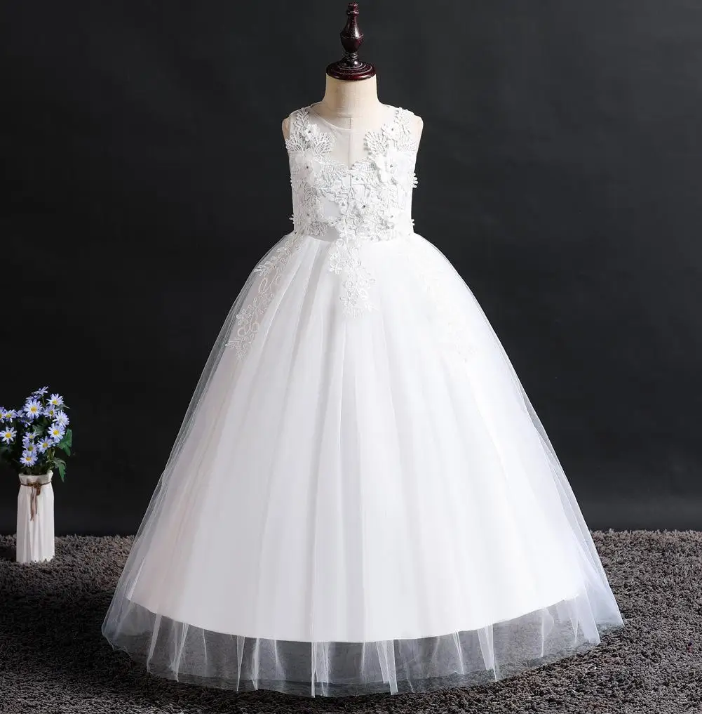 Персиковое платье с цветочным узором для девочек; красивые платья для выпускного вечера с аппликацией; платья в пол для девочек 12 лет - Цвет: Белый