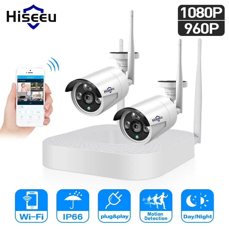 Hiseeu 4CH 960P/1080P Wireless CCTV camera System wifi 2pcs 1.3MP 2MP waterproof IP camera outdoor security kit cctv extendable