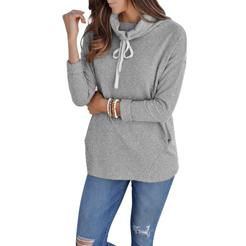 LOSSKY Gray Turtleneck Lace Up Hoodies Casual Long Sleeve Pocket Women ...