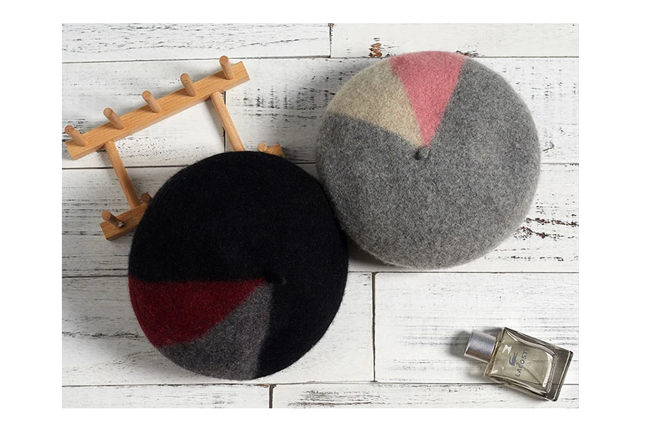 Beret Female 100% Cashmere Hats For Women Winter Flat Cap Wool Knit Hats Lady Three-color Patchwork Berets Painter Hat Beanie (4)