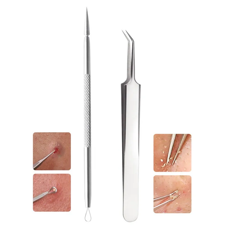 

Newest 2 PC Professional Tweezers Extractor Stainless Steel Curved Tweezers Acne needle