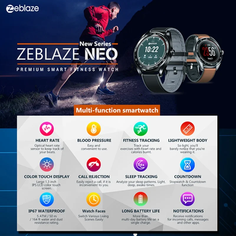 Zeblaze NEO серии цветной сенсорный смарт-часы сердечный ритм кровяное давление Женское здоровье отсчет вниз вызов отбраковка водонепроницаемый