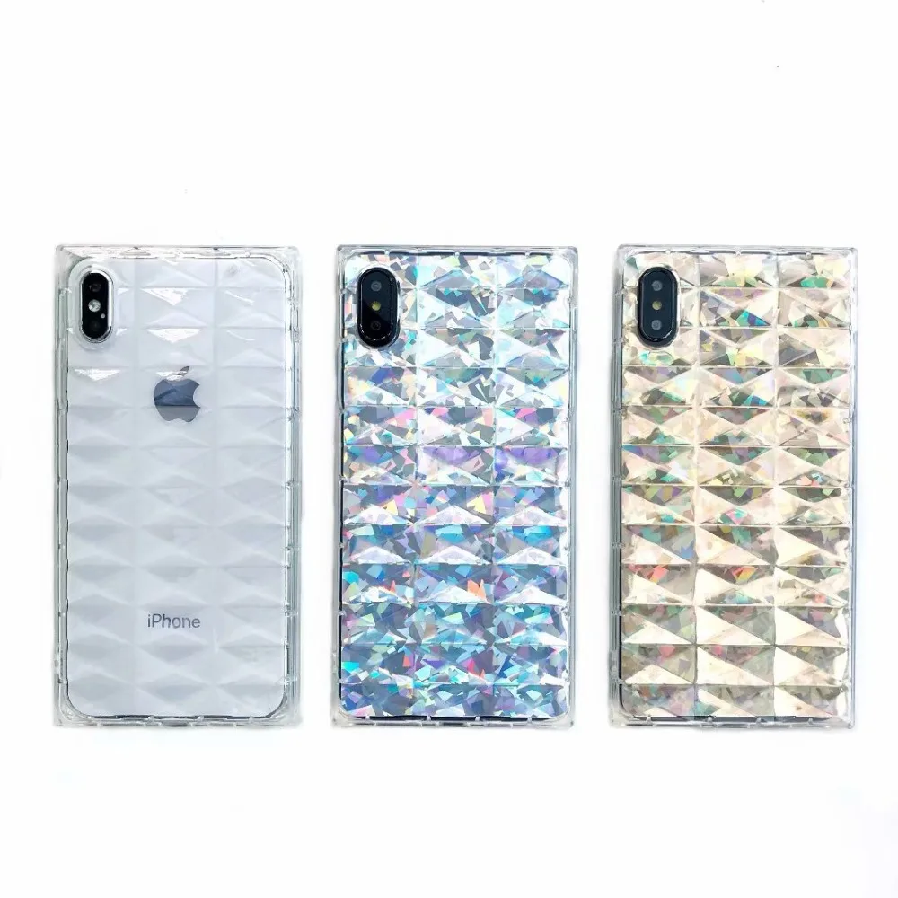 

Selfan Fashion luxury diamond Laser Bling Square Cases for iPhone Xs Max Xr X 6 6s 7 8 plus Transparent Soft silicone back cover