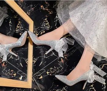 

blingbling bride high heel rhinestones lace shoes wedding dress shoes silver Rhinestone ribbon crystal wedding shoes 7CM 9CM