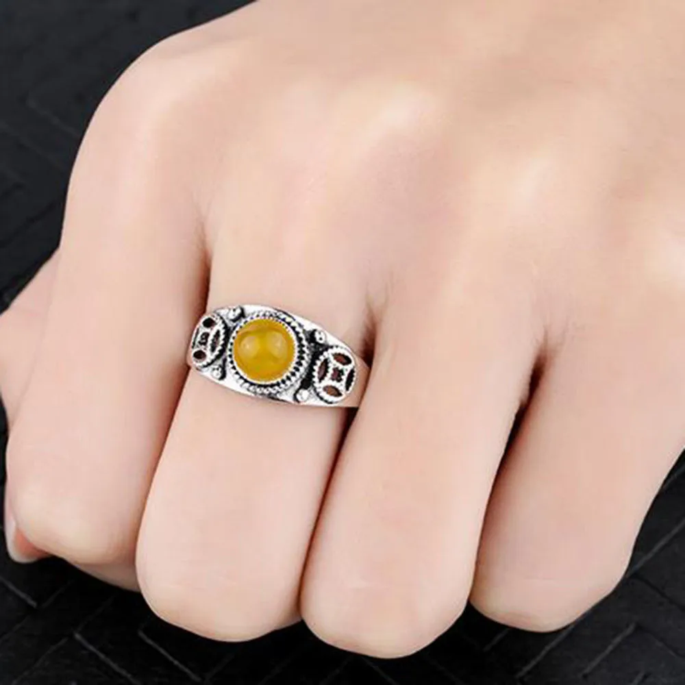 

Men's S925 Sterling Silver Ring Retro Inlaid with honeywax Amber 8*8 MM jewelry adjustable size Rings AS12