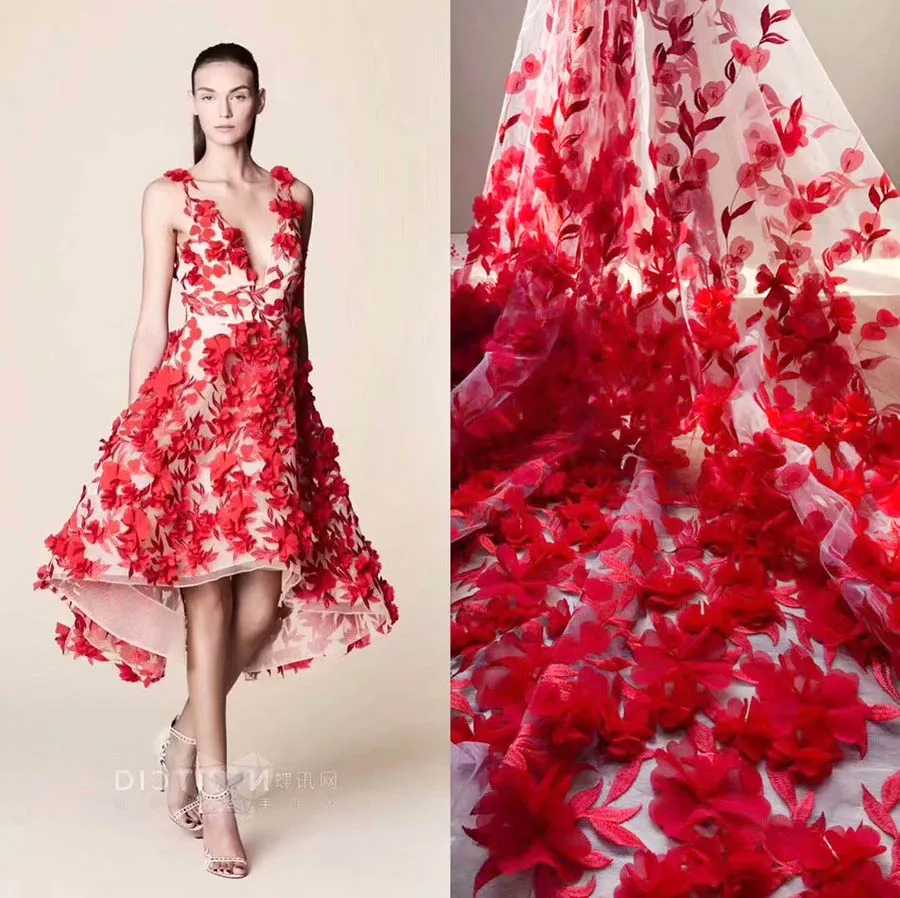 

Latest African applique Lace French Tulle Lace Fabric High Quality Red 3D Flower Embroidery Mesh Fabric For Wedding Dress