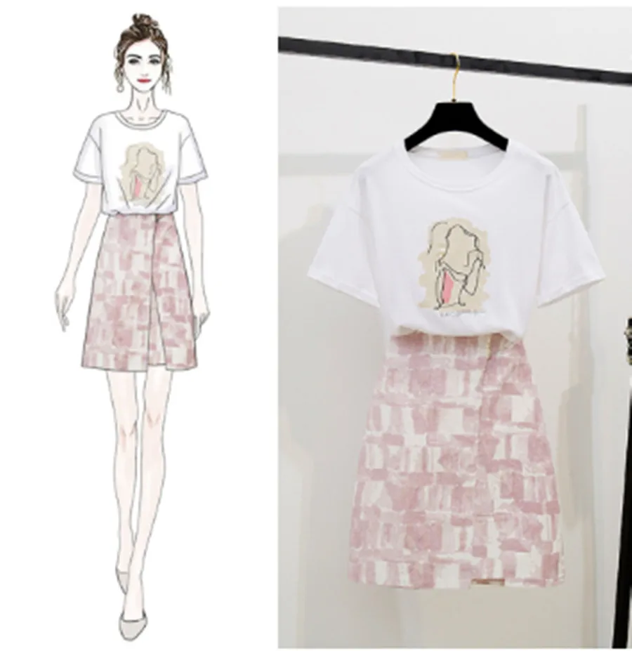 

2019 Summer Womans Runway Clothes Fashion Suit with Skirt Short Sleeve T-Shirt Tops + Half body Package Hip Skirt Sets Femme