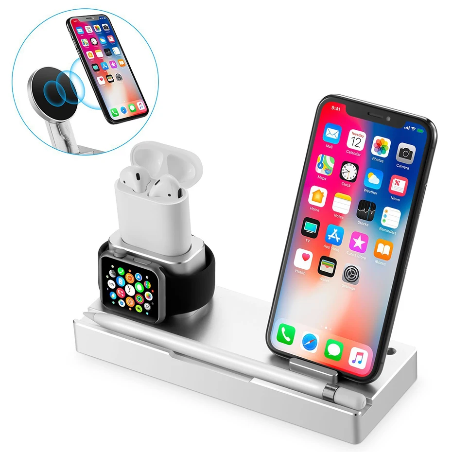 3 в 1 алюминиевая подставка Зарядное устройство Док-станция для Apple Watch Airpods Iphone Ipad Apple Pencil QI Беспроводное зарядное устройство для Iphone X samsung S8