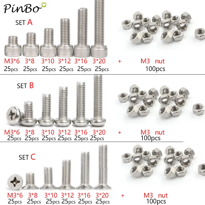 

250pcs 304 A2 Stainless Steel Hex Socket Cap/Button/Flat Head Bolt M3 set Screws