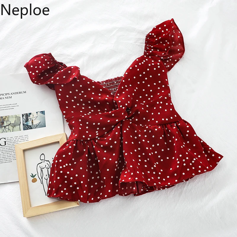 

Neploe Sexy V Neck Ruffle Blouses Vintage Dot Sleevless Ladies Tops Korean Summer Newest Women Crop Top Loose Female Shirts